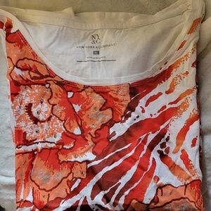 New York & Company Orange Floral Short Sleeve Tee
